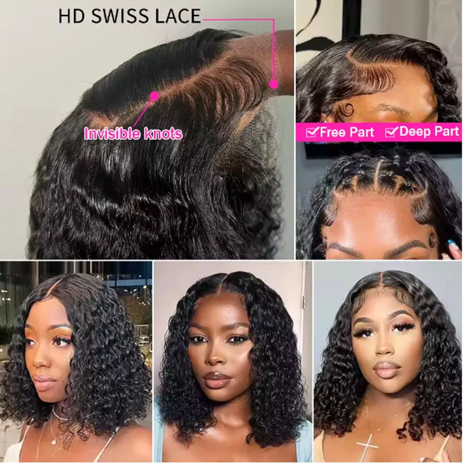 Hair Color: #4, Stretched Length: 14inches - 13X4 Glueless Water Wave Wigs Human Hair Pre Cut Bob Wig Ready To Go 180% Density 4x4 Water Wave Lace Closure Wigs Human Hair