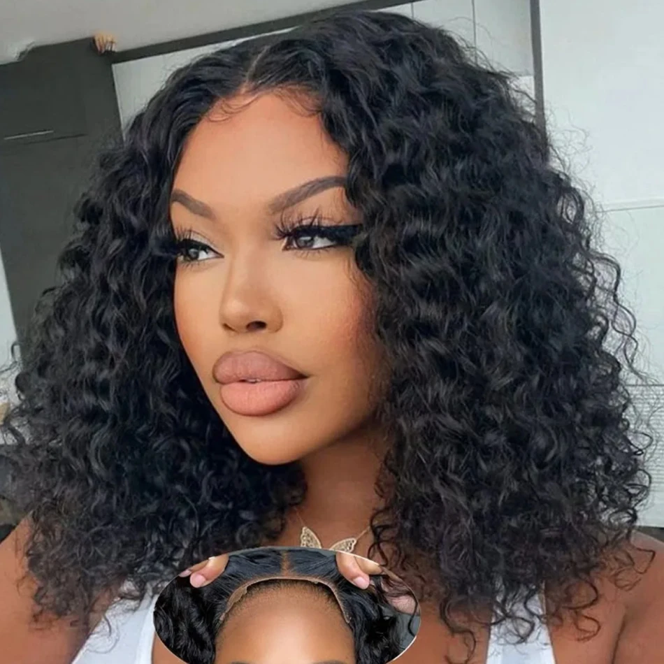 Hair Color: #4, Stretched Length: 14inches - 13X4 Glueless Water Wave Wigs Human Hair Pre Cut Bob Wig Ready To Go 180% Density 4x4 Water Wave Lace Closure Wigs Human Hair
