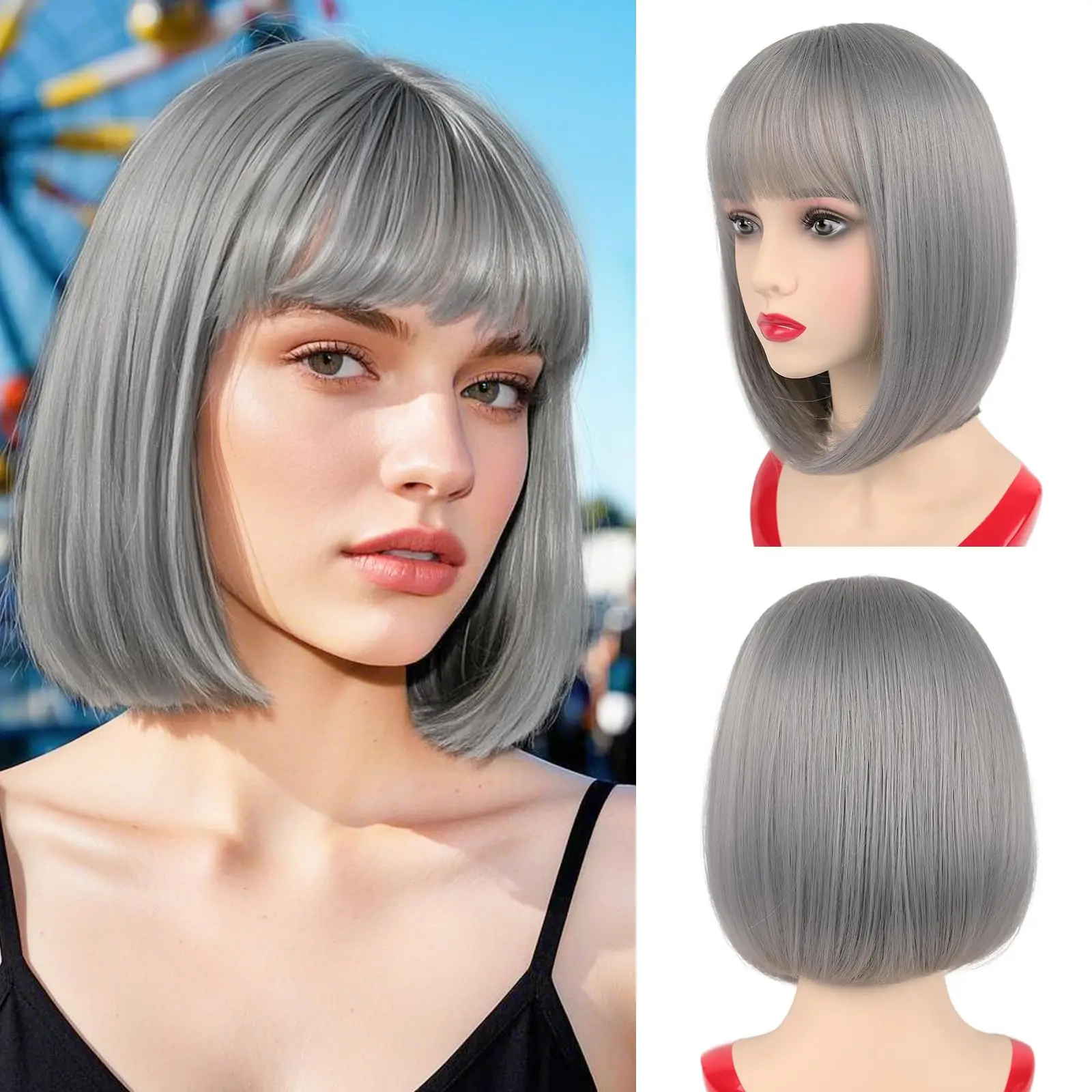 Color: T1B/Green, Stretched Length: 12inches - Bob Black Synthetic Wigs Straight Cosplay Short Daily Natural Looking Hair Wig with Bangs Heat Resistant Fiber for Women Afro