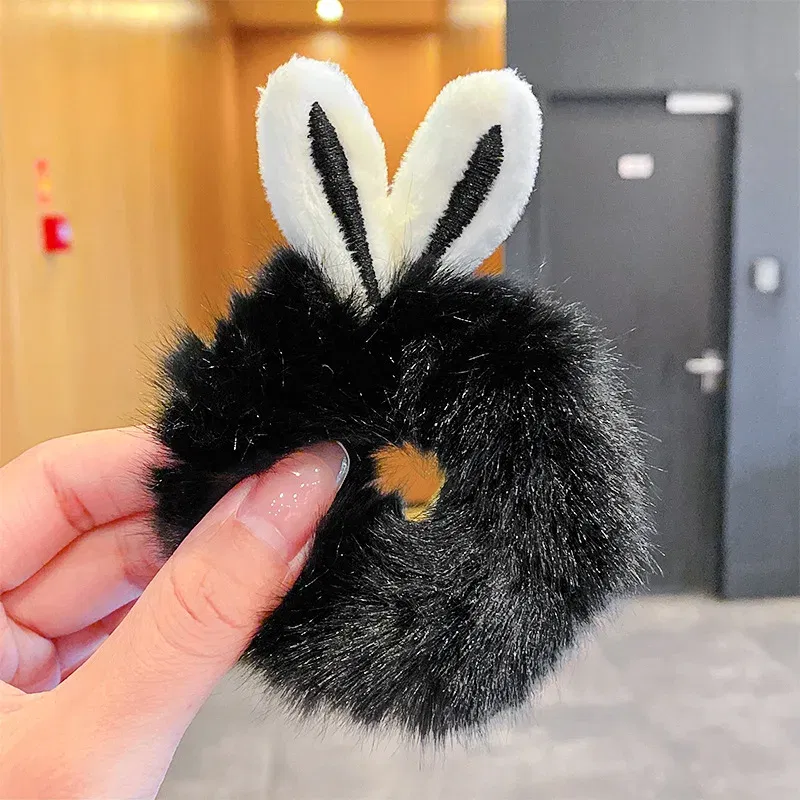 Color: black - Korean Plush Rabbit Ear Hair Scrunshies Autumn Winter Candy Color Cute Horsetail Ball Hair Rope High Elastic Rubber Band Girl