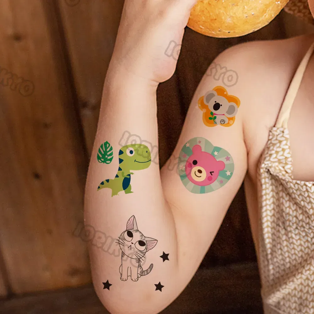 Color: wine red - Watercolor Cat Bear Temporary Tattoos For Kids Children Boys Girls Fake Cute Dinosaur Tattoo Stiker Koala Star Face Tatoos Hands