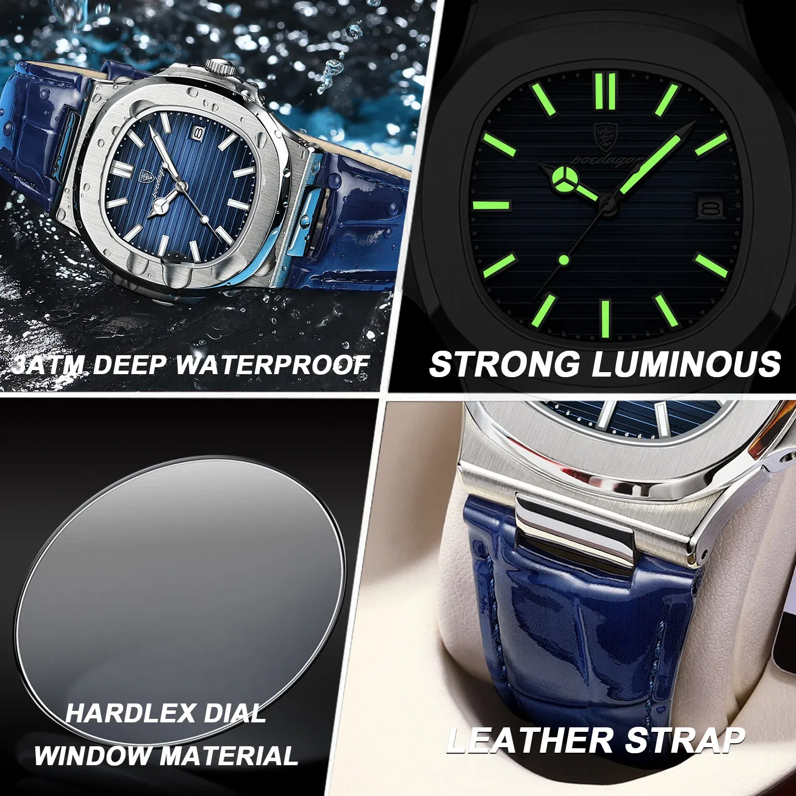 Color: Silver - POEDAGAR Luxury Man Wristwatch Waterproof Luminous Date Leather Men's Watches Sports Square Men Watch Casual Quartz Male Clocks