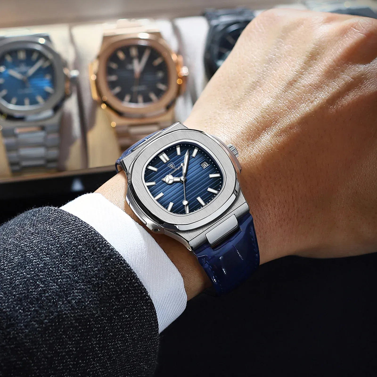 Color: Silver - POEDAGAR Luxury Man Wristwatch Waterproof Luminous Date Leather Men's Watches Sports Square Men Watch Casual Quartz Male Clocks