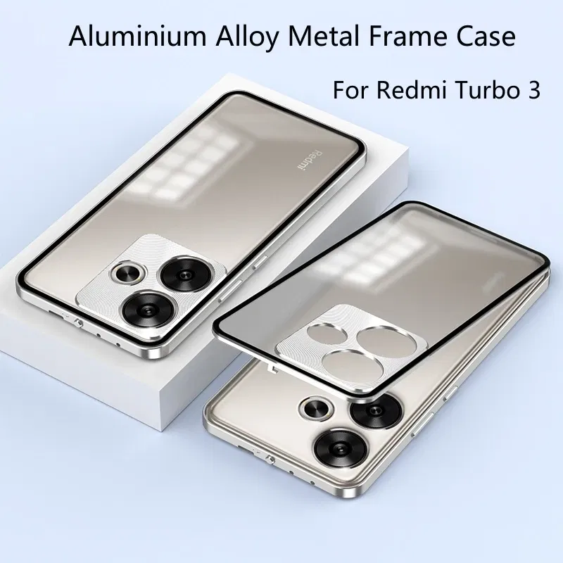 Color: Gold, Material: ABS - Aluminium Alloy Metal Frame Case For Poco F6 Case Matte transparent Acrylic Back Cover For Xiaomi POCO F6 5G Redmi Turbo3 Bumper