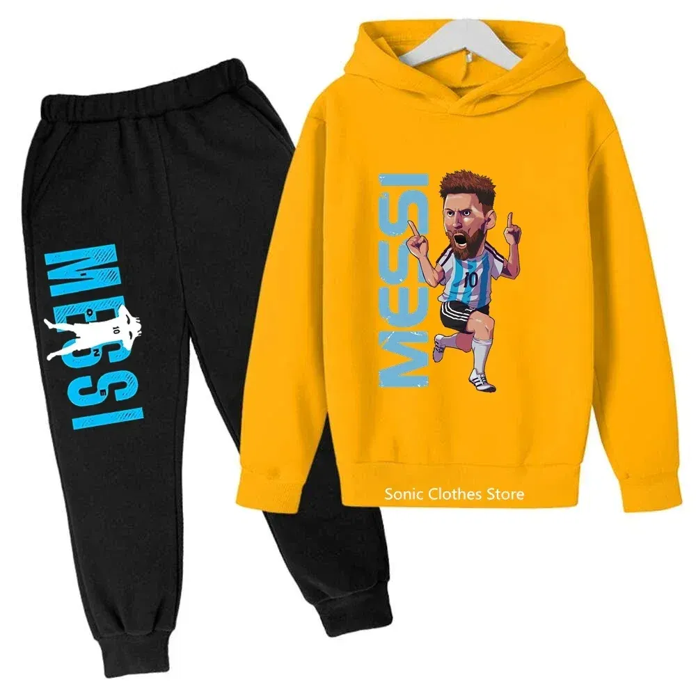 Color: Yellow, Kid Size: 4 - messi avatar printed children's clothing children's autumn and winter hoodies pants 2-piece casual boys and girls suits