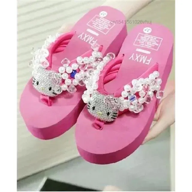 Color: Straw, Shoe Size: 39 - Sanrio Hello Kitty Soft Flip Flop Sandals Y2k Beach Slides Shoes Women Kawaii Casual Wedge High Heels Platform Slippers Ladies