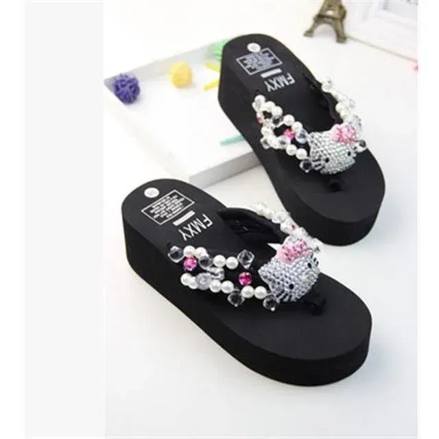 Color: Straw, Shoe Size: 39 - Sanrio Hello Kitty Soft Flip Flop Sandals Y2k Beach Slides Shoes Women Kawaii Casual Wedge High Heels Platform Slippers Ladies