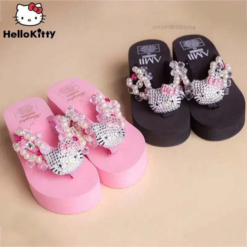 Color: Straw, Shoe Size: 39 - Sanrio Hello Kitty Soft Flip Flop Sandals Y2k Beach Slides Shoes Women Kawaii Casual Wedge High Heels Platform Slippers Ladies