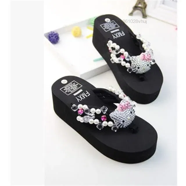 Color: Straw, Shoe Size: 39 - Sanrio Hello Kitty Soft Flip Flop Sandals Y2k Beach Slides Shoes Women Kawaii Casual Wedge High Heels Platform Slippers Ladies