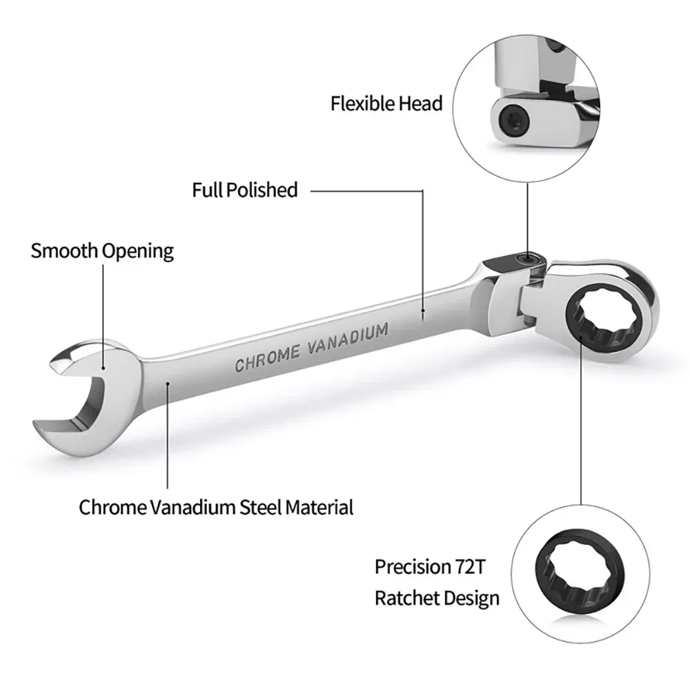 Color: Light Grey - 1pc Ratchet Wrench of Keys Spanner Hand Tool 72-Tooth Ratcheting Flexible Head Mirror Finish