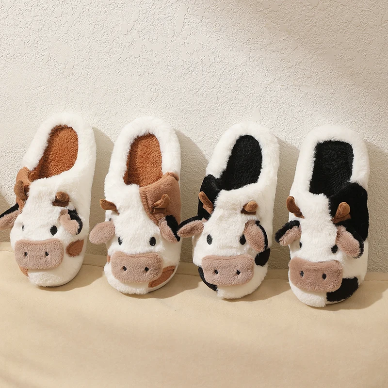 Color: black, Shoe Size: 37 - New Winter Unisex Cartoon Cow Warm Plush Slippers Couple's Indoor Non-slip House Mule Men And Women Toe Wrap Home Cotton Shoes