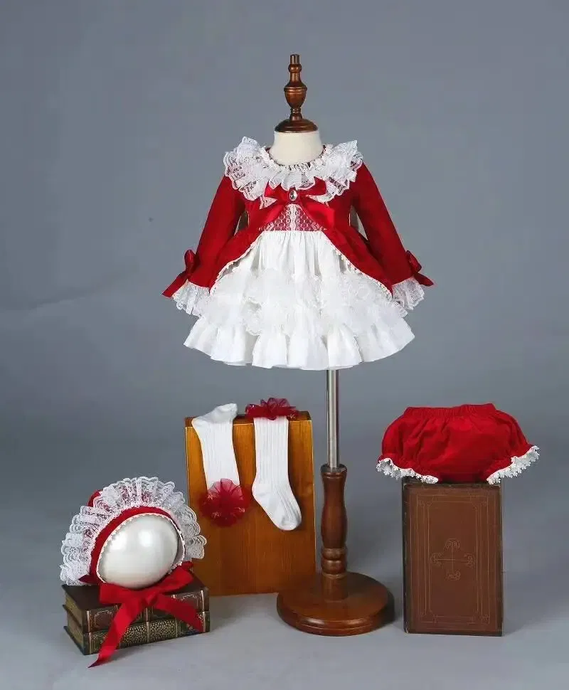 Kid Size: 24M - 4PCS Baby Girl Autumn Winter Spring Red Velvet Vintage Spanish Princess Dress Lolita Christmas Birthday Wedding Party C1