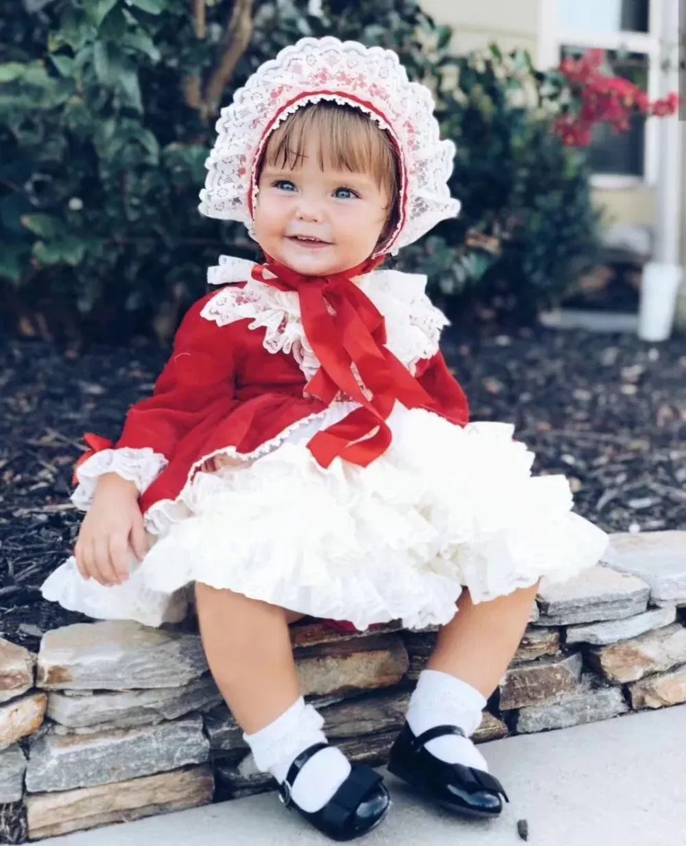 Kid Size: 24M - 4PCS Baby Girl Autumn Winter Spring Red Velvet Vintage Spanish Princess Dress Lolita Christmas Birthday Wedding Party C1
