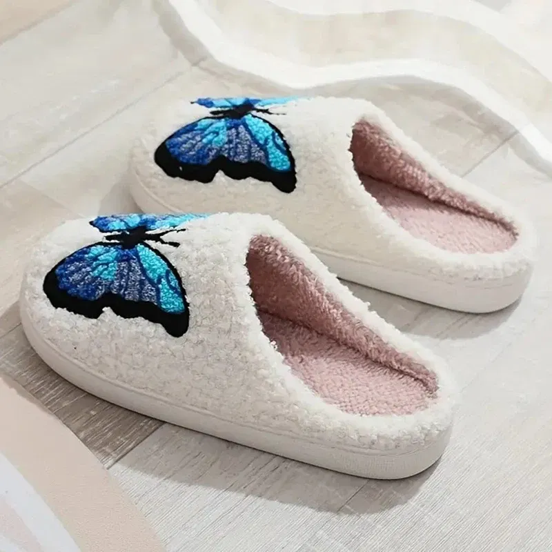 Color: Blue, Shoe Size: 40-41 - Lucyever Butterfly Embroidery Plush Woman Slippers Non Slip Soft Home Slides Shoes Women Winter Comfy Warm Cotton Shoes Female