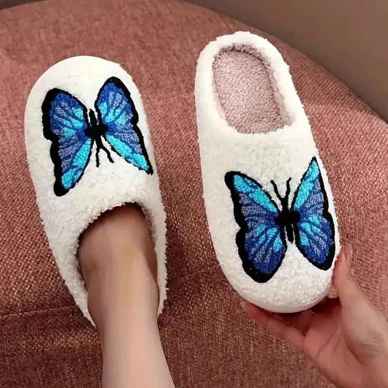 Color: Blue, Shoe Size: 40-41 - Lucyever Butterfly Embroidery Plush Woman Slippers Non Slip Soft Home Slides Shoes Women Winter Comfy Warm Cotton Shoes Female
