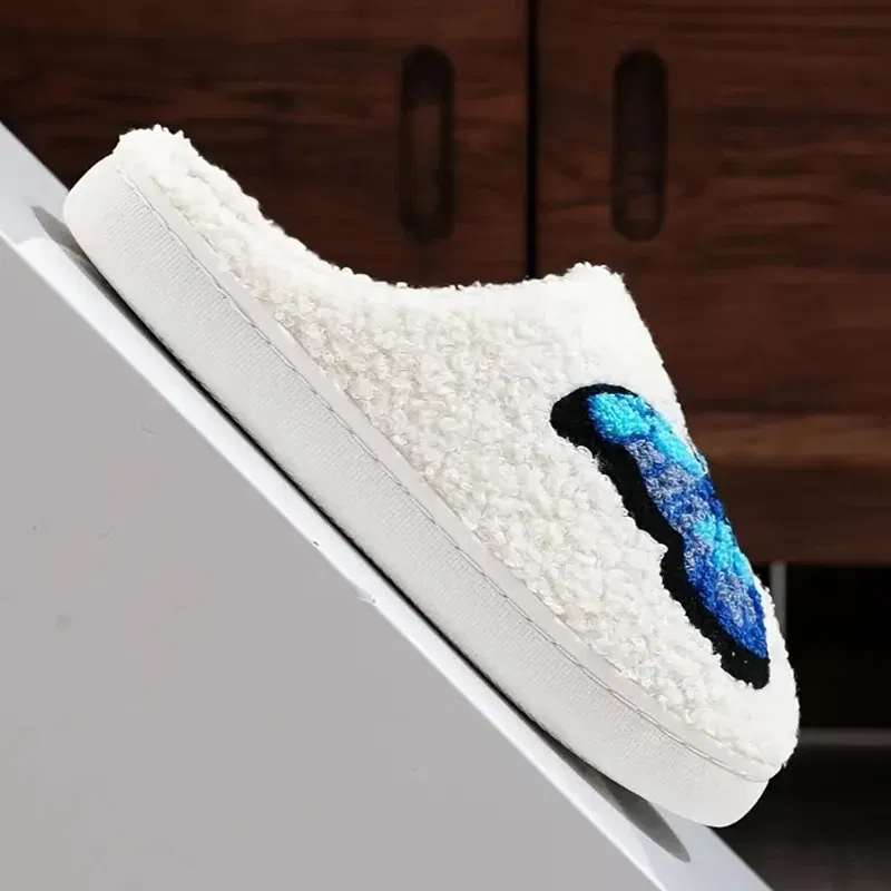 Color: Blue, Shoe Size: 40-41 - Lucyever Butterfly Embroidery Plush Woman Slippers Non Slip Soft Home Slides Shoes Women Winter Comfy Warm Cotton Shoes Female