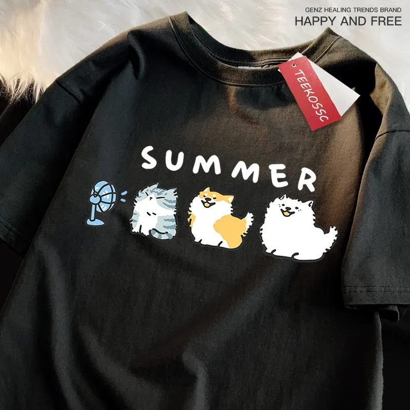 Color: Dark Grey, Size: L - Cats And Dogs Blowing Fans Print T Shirts Men Women Cute Crewneck Clothes Loose Summer T-Shirts Fashion Cotton Short Sleeve