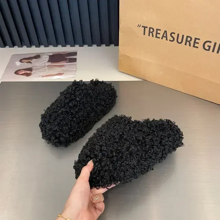 Color: Beige, Shoe Size: 39 - Thick Heel Luxury Lambwool Mules Winter Shoes Woman Flip Flops Flat Cover Toe Slides Ins Warm Curly Lamb Fur Slippers Women