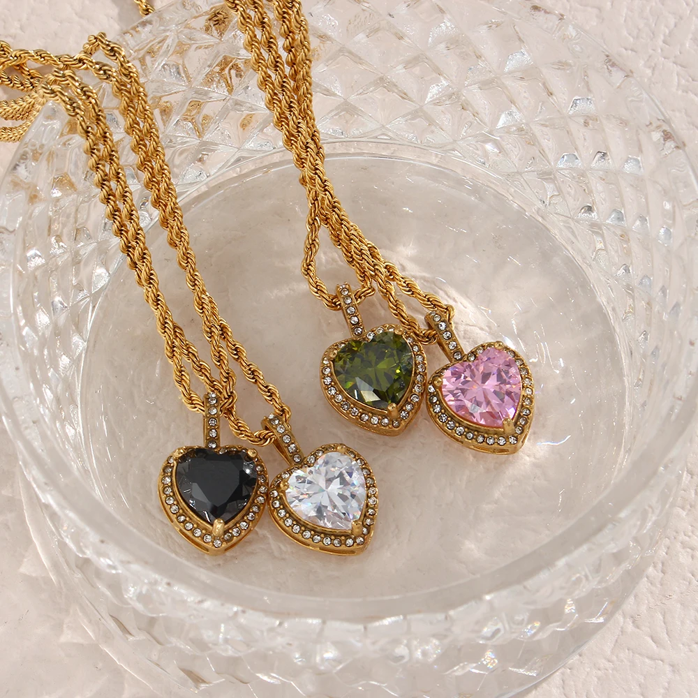 Metal Color: Blue Zinc - 2022 New Stainless Steel PVD Plating Heart Shape AAA Cubic Zircon Stone Pendant Necklace Ladies Party Christmas Jewelry Gift
