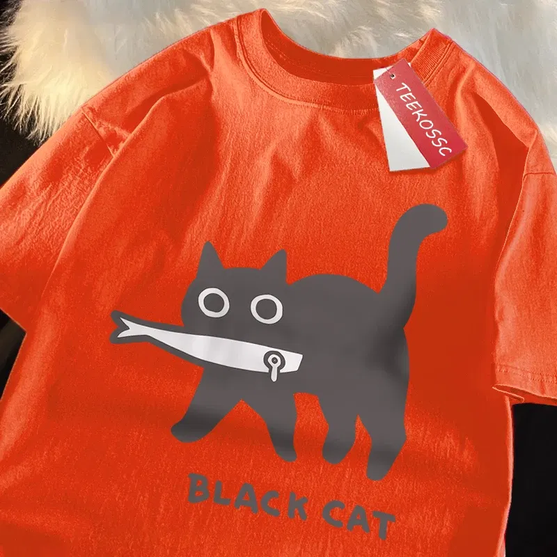 Color: GRAY, Size: XXXL - Fun A Black Cat Eating Fish Japanese Style Men Women T-Shirt Fashion Print T Shirt Breathable Oversize T-Shirts Cotton Clothes