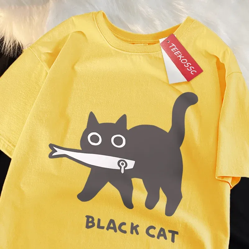 Color: GRAY, Size: XXXL - Fun A Black Cat Eating Fish Japanese Style Men Women T-Shirt Fashion Print T Shirt Breathable Oversize T-Shirts Cotton Clothes