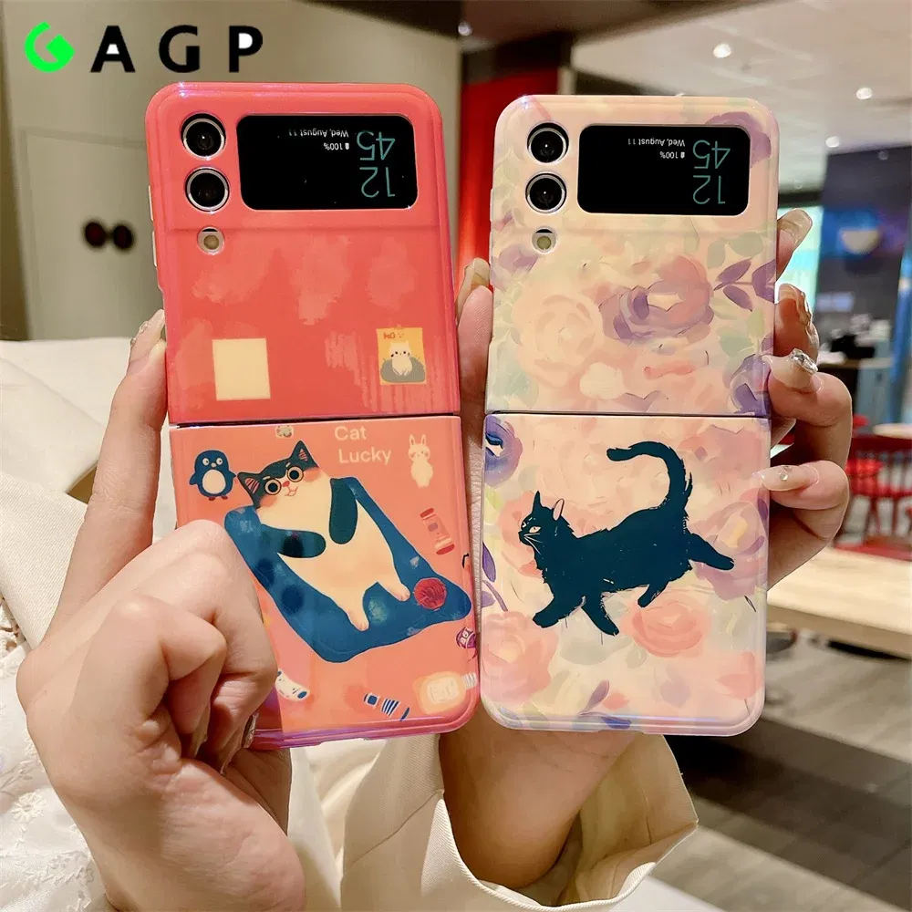 Material: ABS, Color: Green - Cute Lazy Cat Deer Oil Painting Z Flip 3 4 5 Case Luxury for Samsung Galaxy Z Flip 4 3 5 Z4 Flip4 Flip3 Flip5 Fashion Cover