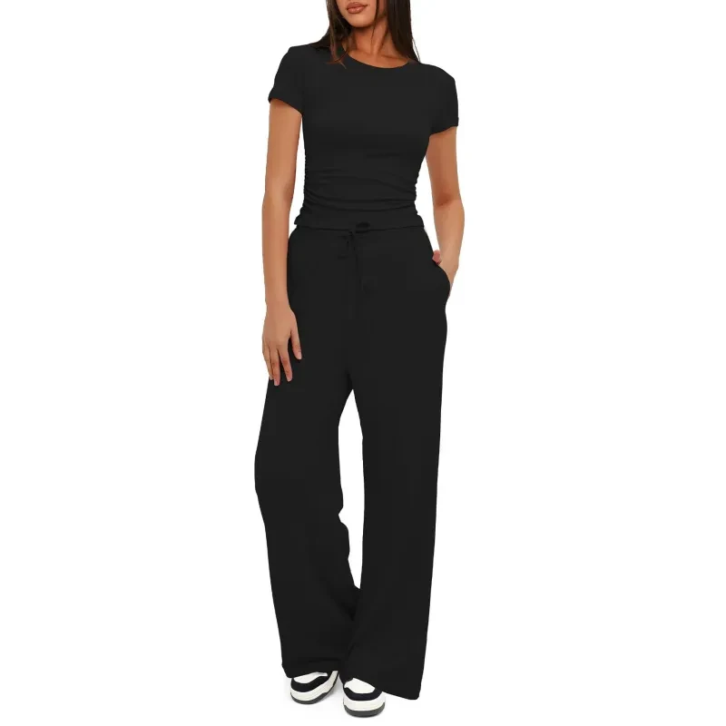 Solid Color Yoga Set: Short-sleeve Top & High-waisted Wide-leg Pants