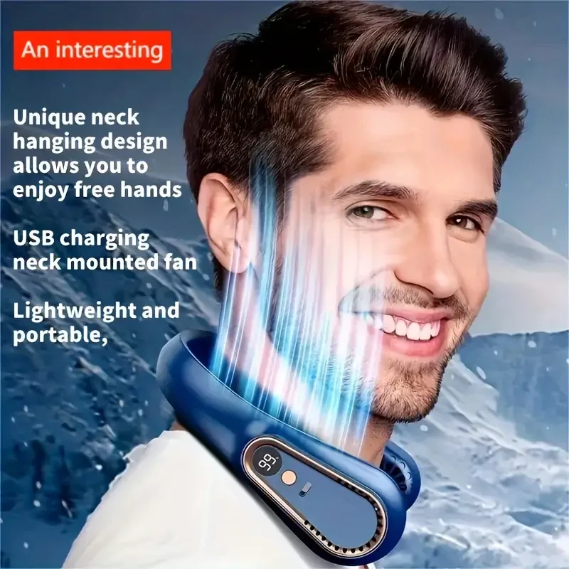 Bladeless Hanging Neck Fan - Portable USB Rechargeable Cooler with 5 Wind Speeds and Digital Display