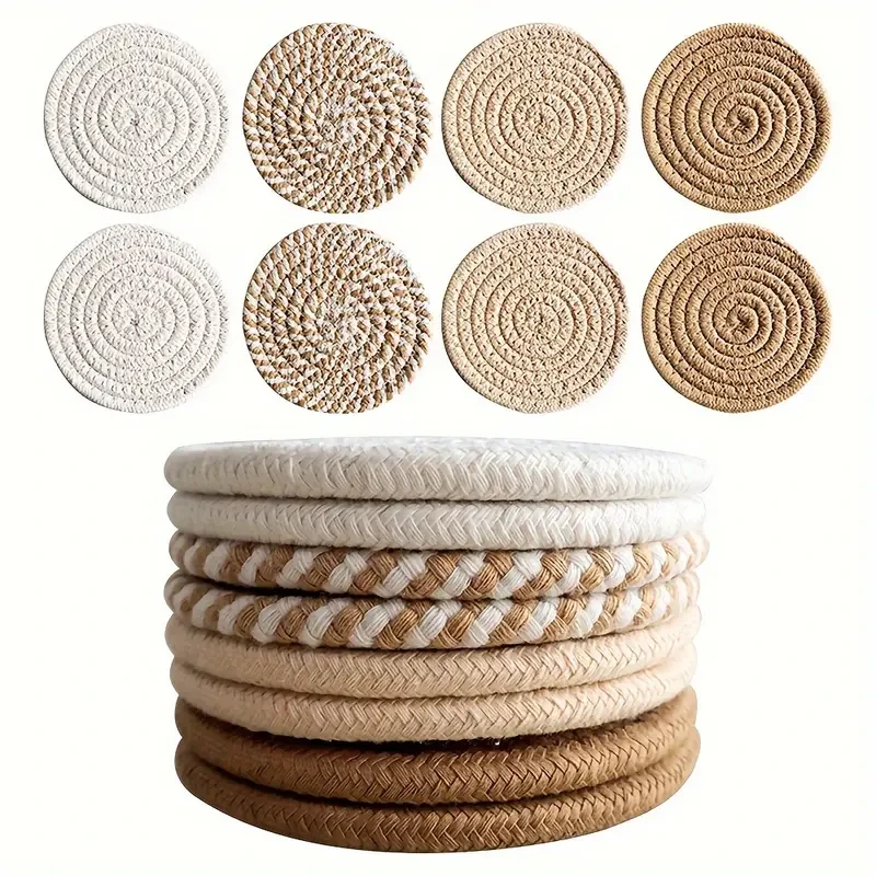 8-Piece Set Absorbent Drink Coasters, Minimalist Cotton Fabric Coasters with Non-Woven Lining for Coffee Table Home Decor Bar Housewarming Gift - Brown Series