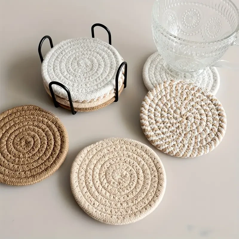 8-Piece Set Absorbent Drink Coasters, Minimalist Cotton Fabric Coasters with Non-Woven Lining for Coffee Table Home Decor Bar Housewarming Gift - Brown Series