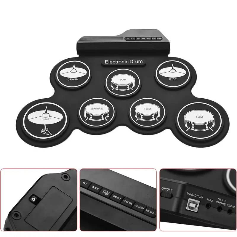 Lixada Compact USB Roll-Up Silicon Drum Set - 7 Drum Pads