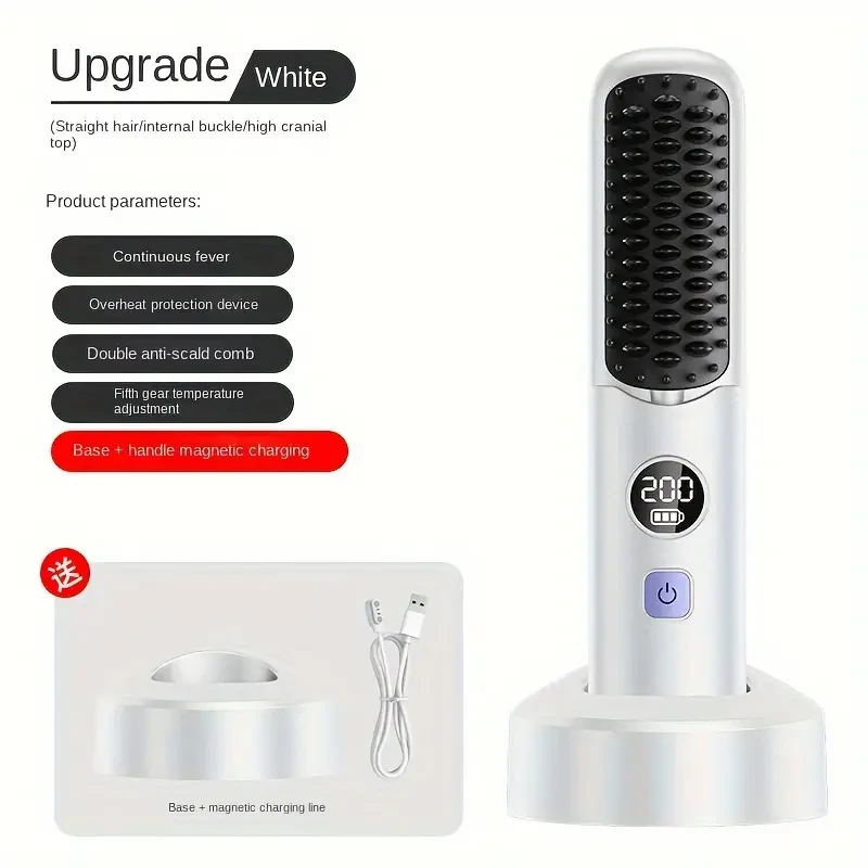 USB Rechargeable Hair Straightening Brush with LED Display, Fast Heating, Anti-Scald, Auto-Off, Thermostatic Control, 2000mAh Lithium Battery for Wet/Dry Use, Portable Ionic Hair Care Comb for Travel & Daily Use, 5 Temperature Settings