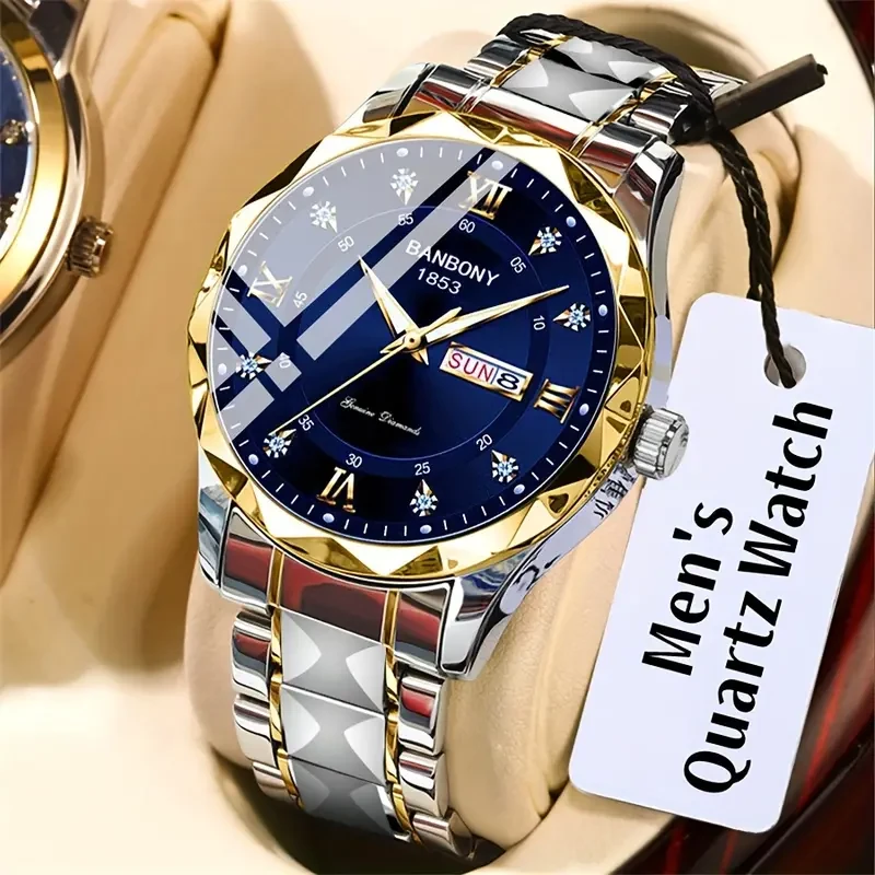 1pc Luxury Stainless Steel Multifunctional Watch - Roman Numerals Dial, Rhinestones Accents, Luminous Hands, Water-Resistant, Ideal Birthday, Holiday, Anniversary Gift for Men