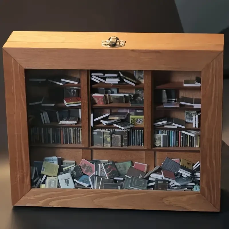 3D Wooden Bookshelf Miniature with 100 Mini Books - Rustic Shaker Decor