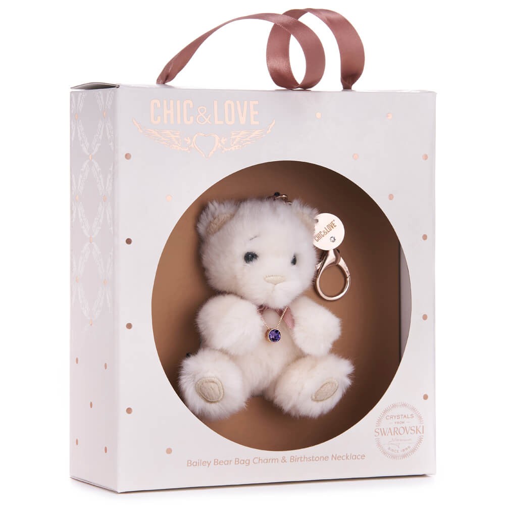 Bailey Bear Bag Charm & Birthstone Necklace - February