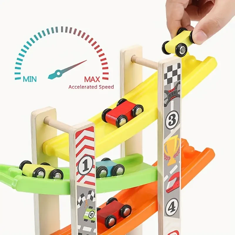 Wooden Ramp Racing Car Set for Youngsters - 4/7 Track Educational Toy with Mini Inertia Slide & Roller Coaster - Perfect Holiday Gift, Yellow
