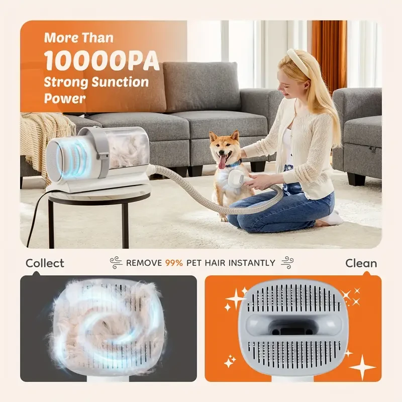 Pet Grooming Vacuum Kit 5 in 1 - Professional Clippers with 6 Guide Combs, Strong Suction for 99% Pet Hair