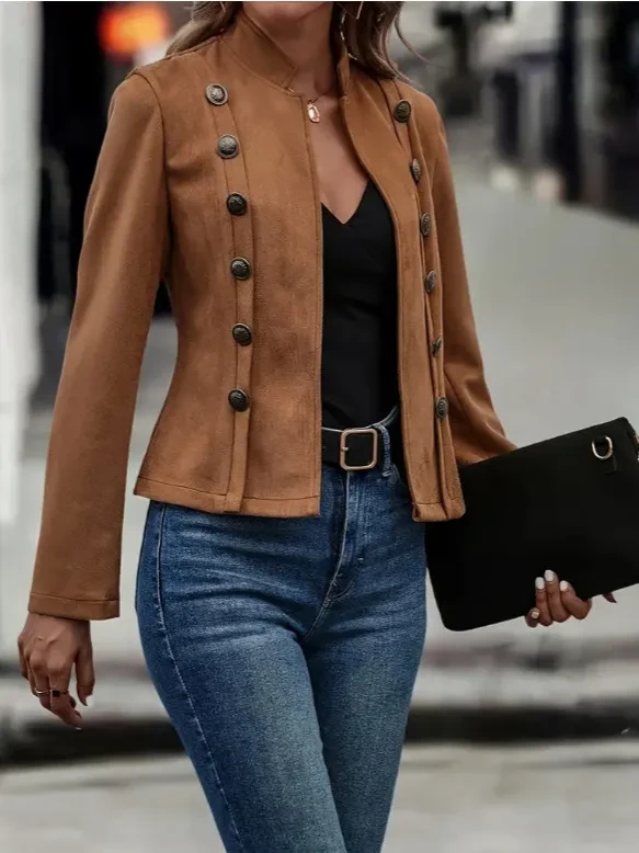 Decorative Design Fashion Retro Suede Long Sleeve Outwear Tops Coat For Womens Clothing