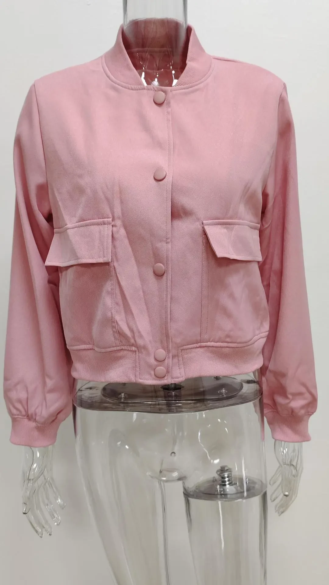 Fashion Button Stand-collar Jacket With Big Pockets Casual Loose Short Outwear Tops Coat For Women Clothing
