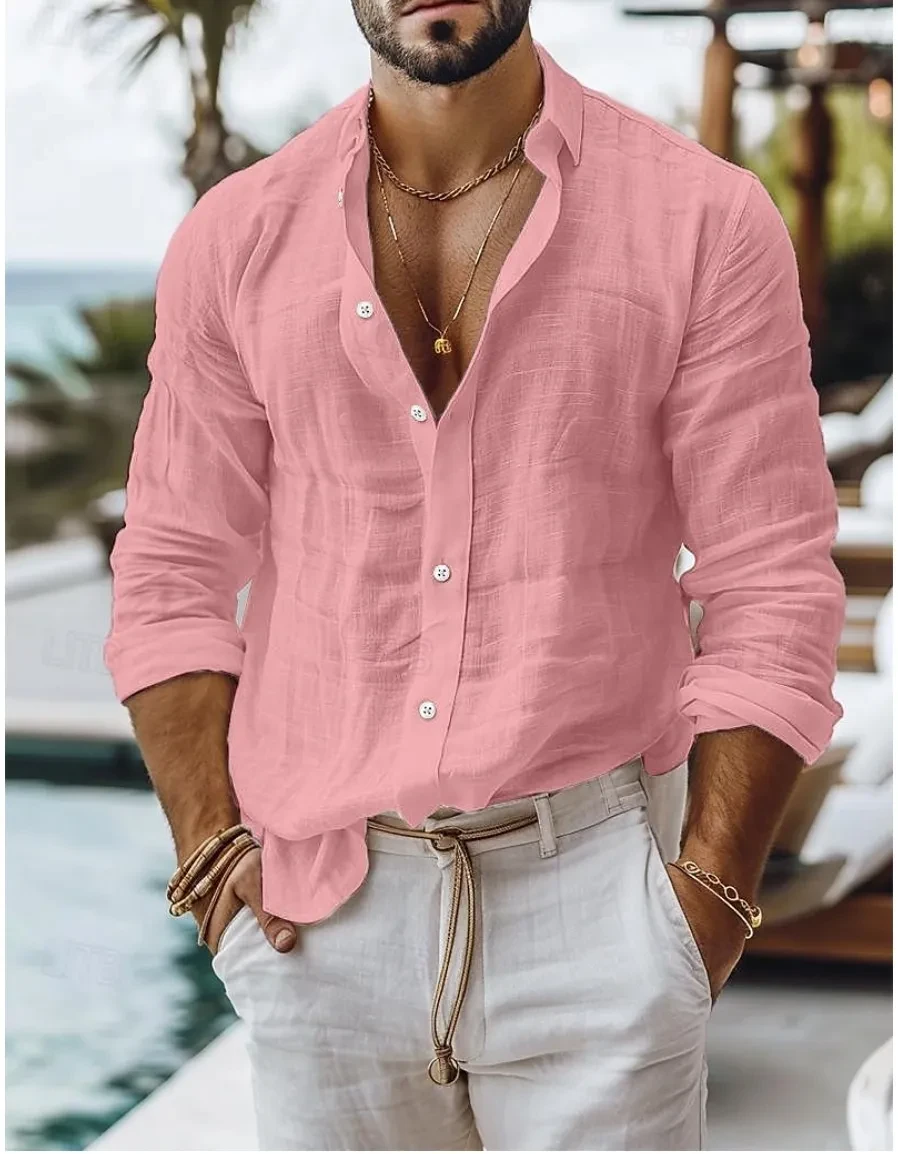 Solid Color Cotton Linen Shirt Casual Style Long Sleeve