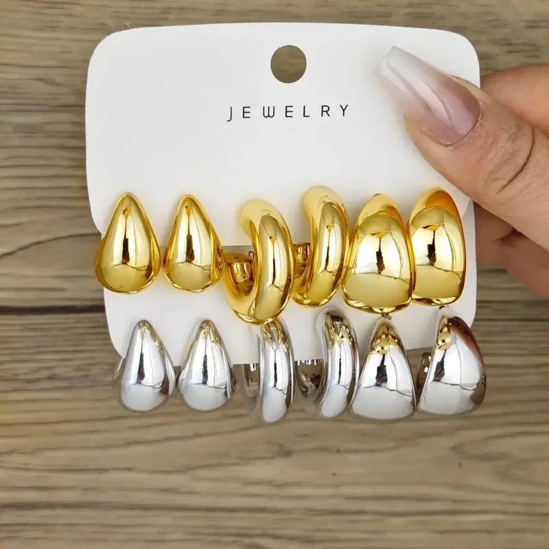 6pcs Elegant & Simplistic Fashion Earrings, Creative Plastic C-Shaped Teardrop Bean Design