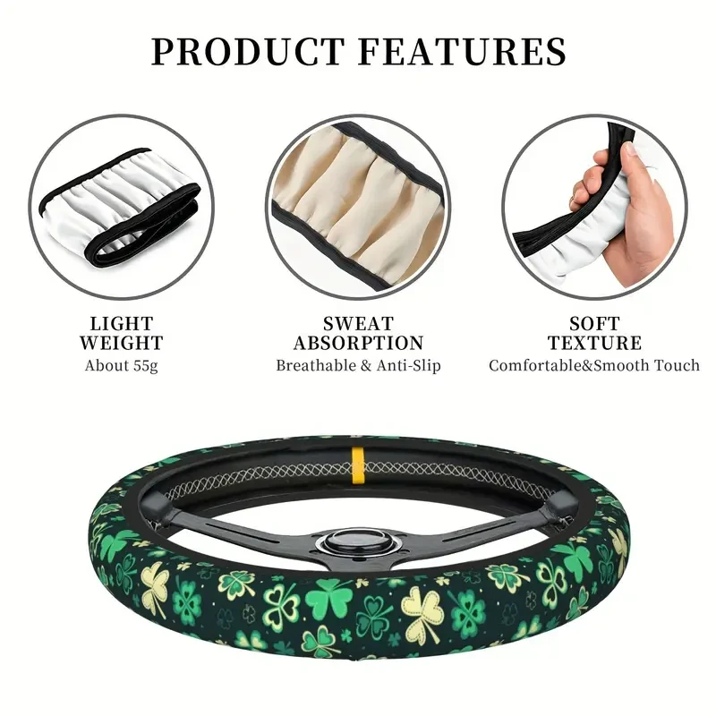 15-Inch Green Clover Steering Wheel Cover - Neoprene, No Inner Ring, Perfect for Cars & SUVs