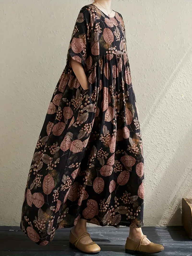 Vintage-Inspired Loose Fit A-Line Midi Dress with Round Neck, Non-Stretch Viscose Fabric