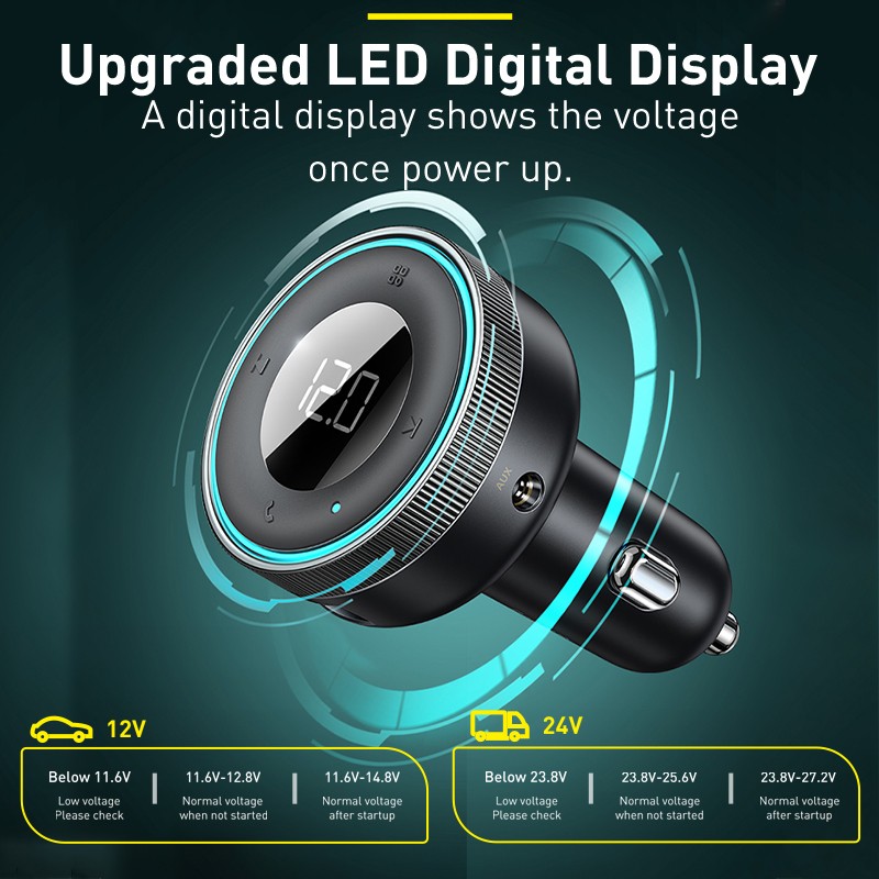 Baseus FM Transmitter Modulator Bluetooth 5.0 Car Kit with USB Fast Charging