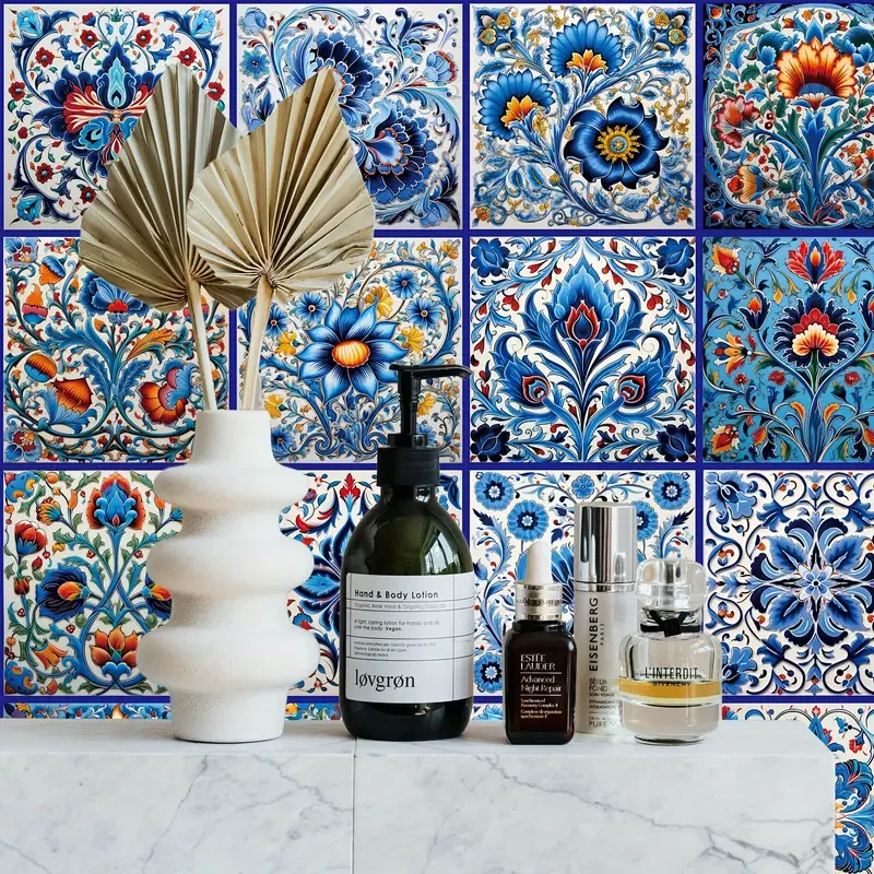 20pcs Elegant Blue & White Turkish Tile Stickers Ocean-Inspired Design for Kitchens & Bathrooms