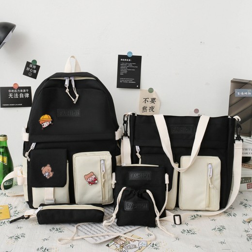 College Students' Backpack Five-piece Contrast Color Canvas School Bag