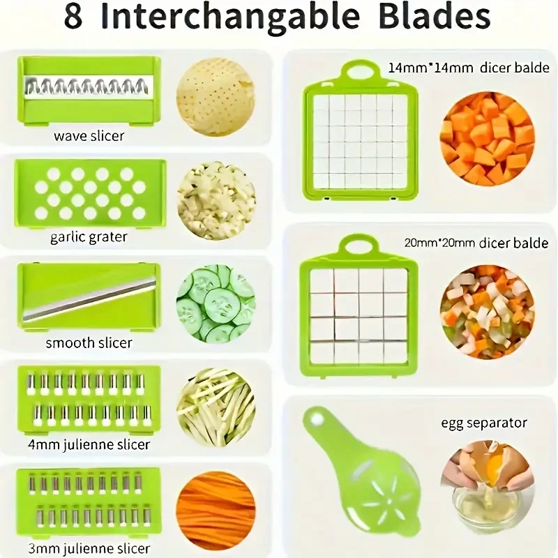 16-in-1 Multifunctional Vegetable Chopper - Manual Food Slicer Dicer with Container, Kitchen Veggie Cutter for Onion, Carrot, Garlic - Plastic Kitchen Gadget Set with Drain Basket & Hand Protector