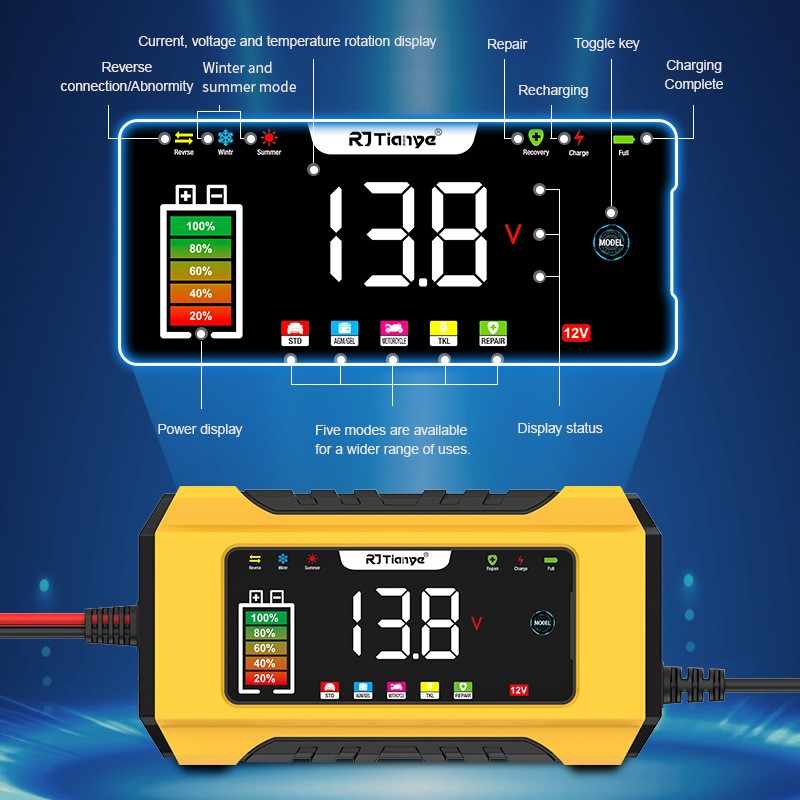 LED Color Screen Digital Display Automobile Battery Charger 12V Battery Charger With Memory Mode Smart Touch Button