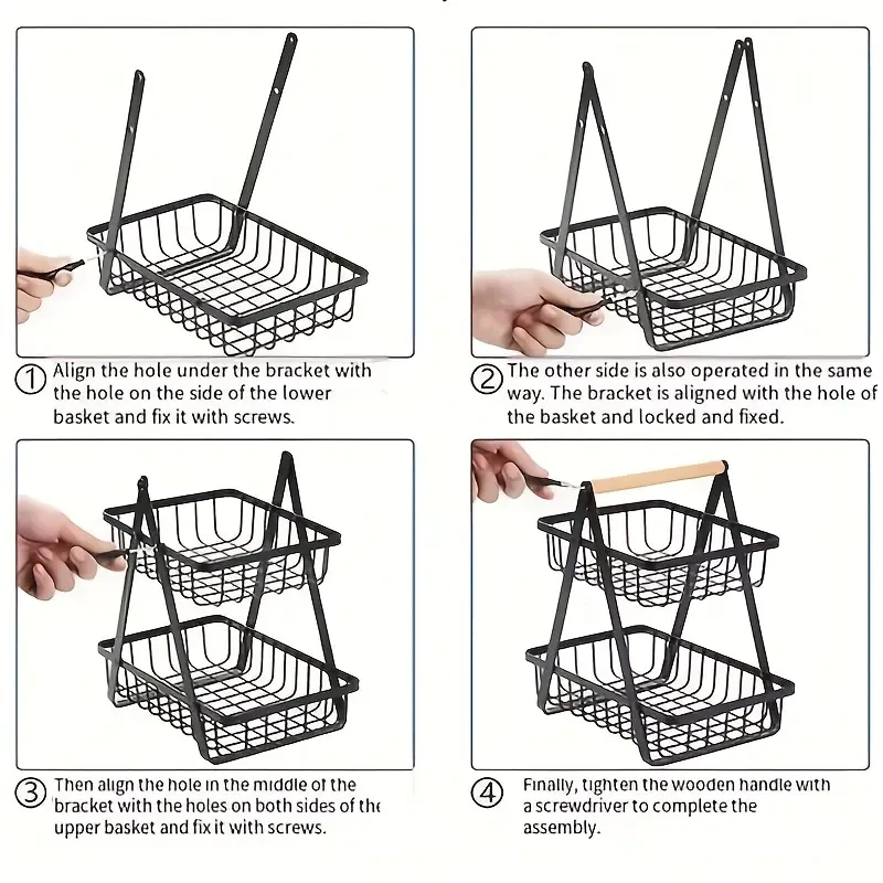 Modern Metal Fruit and Vegetable Basket with Detachable Bowl-Shaped Storage and Wooden Handle for Kitchen Organization, Perfect for Christmas/Halloween Gift, Countertop, Bathroom