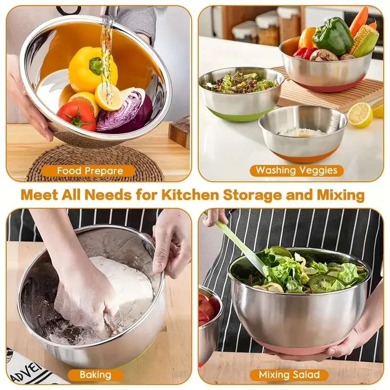 18pcs Stainless Steel Mixing Bowls Set with Airtight Lids - Non-slip Silicone Bottom